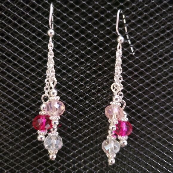 Fuchsia, pink and clear iridescent crystal rondelle earrings - Picture 1 of 4